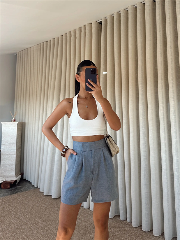 Cırtlı Keten Şort - Gri