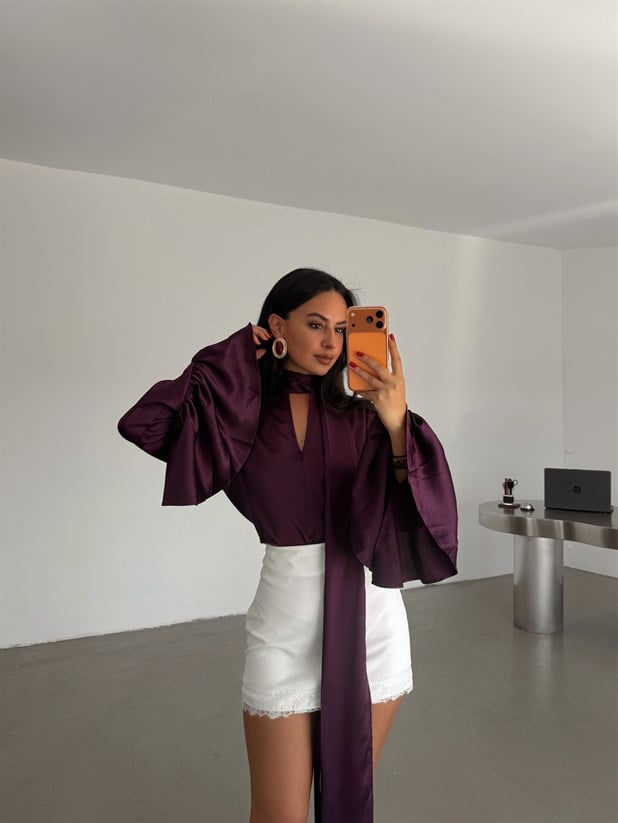 Fular Detay İspanyol Kol Saten Bluz - Mürdüm