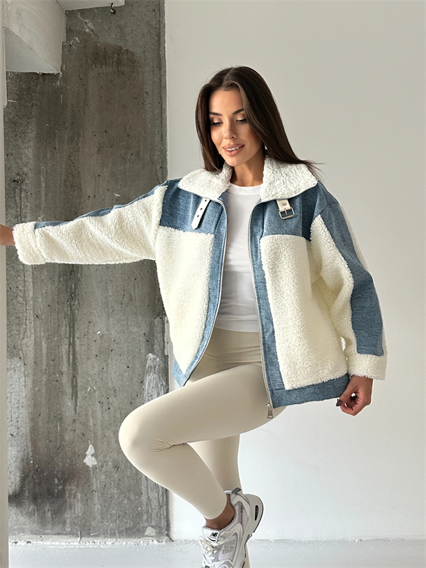 Denim Detaylı Peluş Mont - Mavi-Beyaz