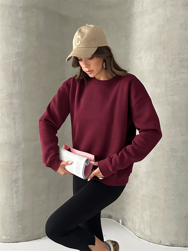Düz Basic Sweatshırt - Bordo