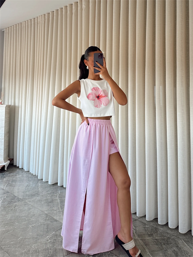 İçi Şortlu Derin Yırtmaç Maxi Etek - Pembe