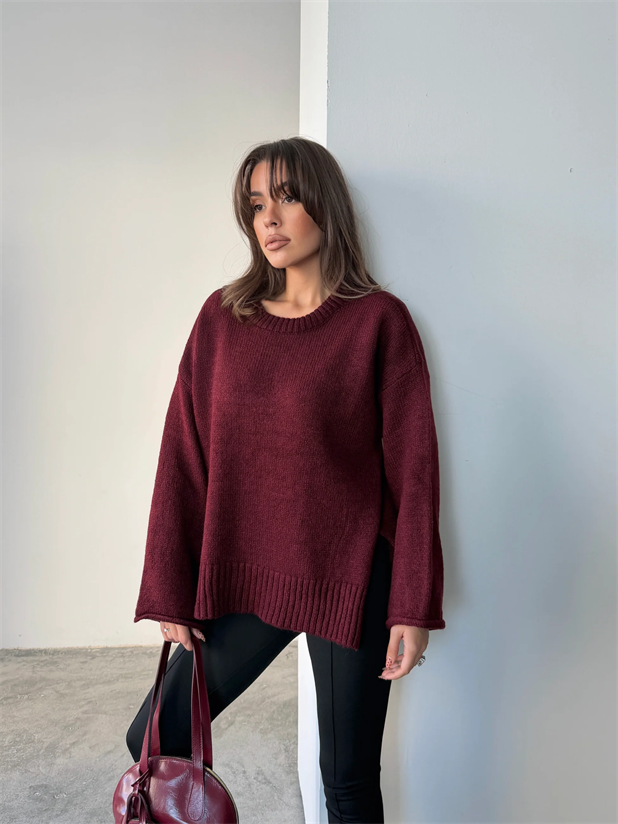 Yırtmaçlı Basic Triko  - Bordo