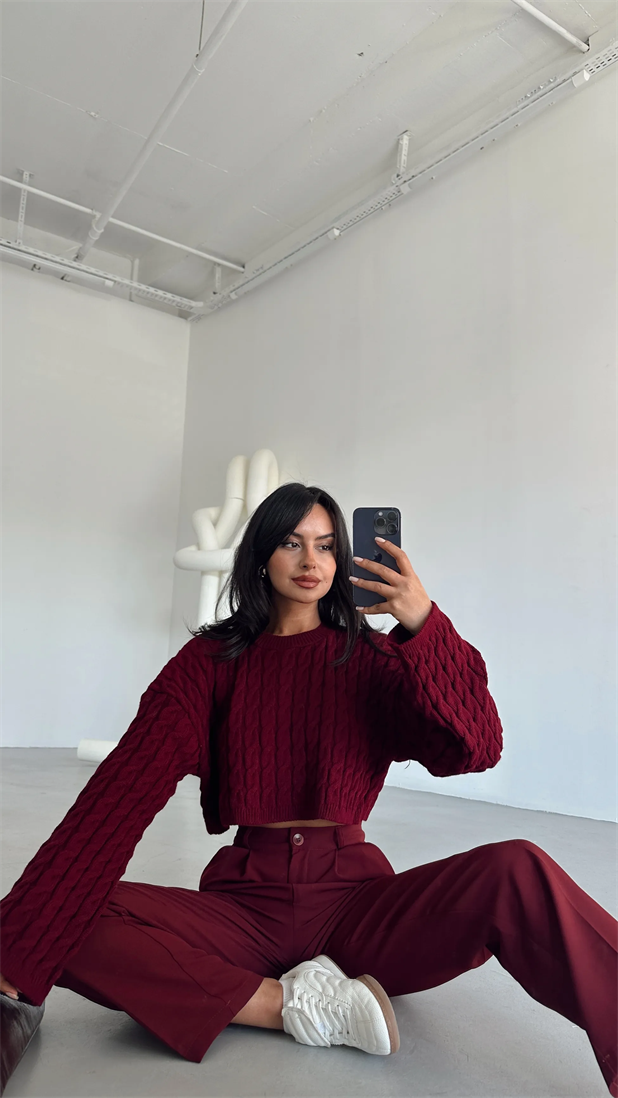 Saç Örgü Triko Crop Kazak Bordo - Bordo