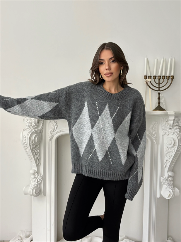 Oversize Baklava Desenli Kazak - Gri