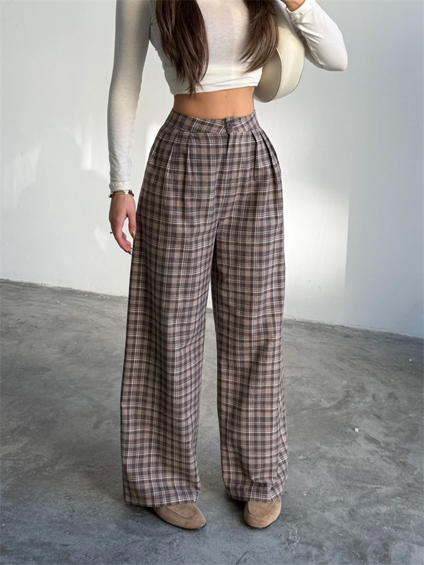 Ekose Üç Pile Palazzo Pantolon  - Kahve