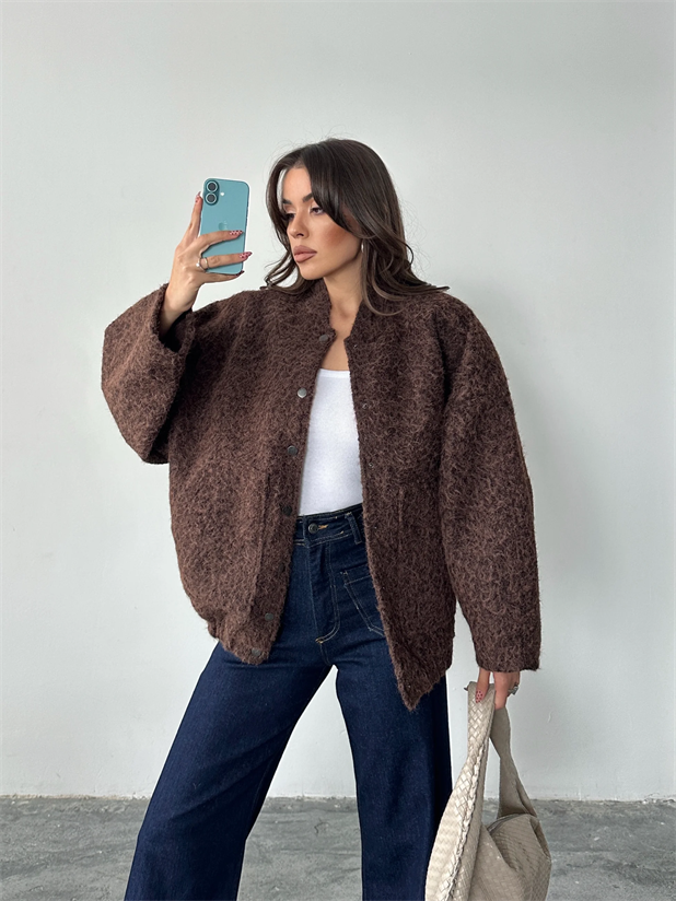 Kırçıllı Kaşe Mont - Koyu Kahve