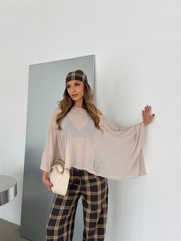 Altı Zımbalı Yarasa Bluz - Taş