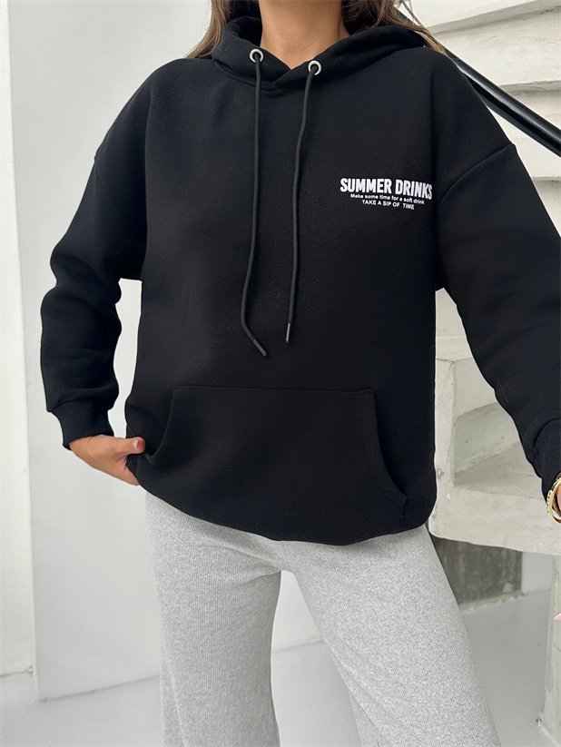 Baskılı Kapüşonlu Oversize Sweat - Siyah