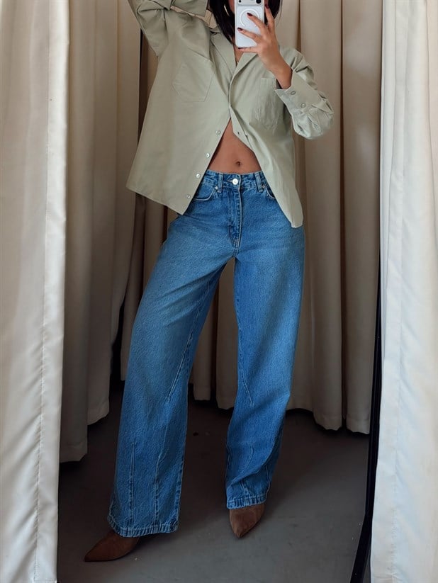 Paça Çift Pensli Boyfriend Jean - Mavi