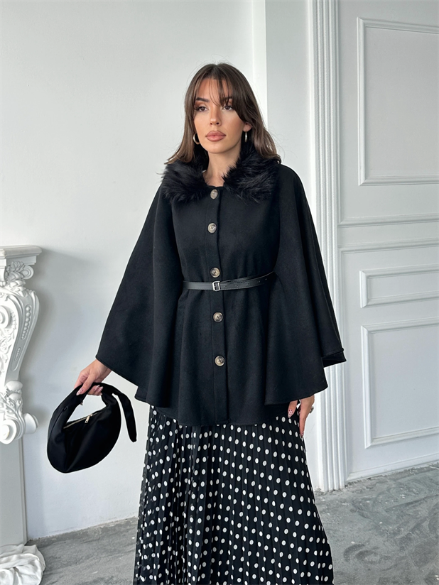 Yakası Kürklü Panço - Siyah