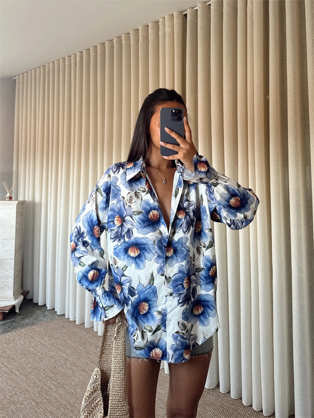 Çiçek Desenli Gömlek - Lacivert