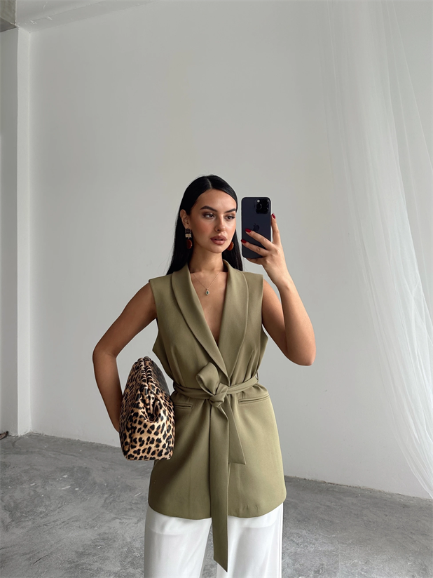 Bağlamalı Blazer Yelek  - Haki Yeşil