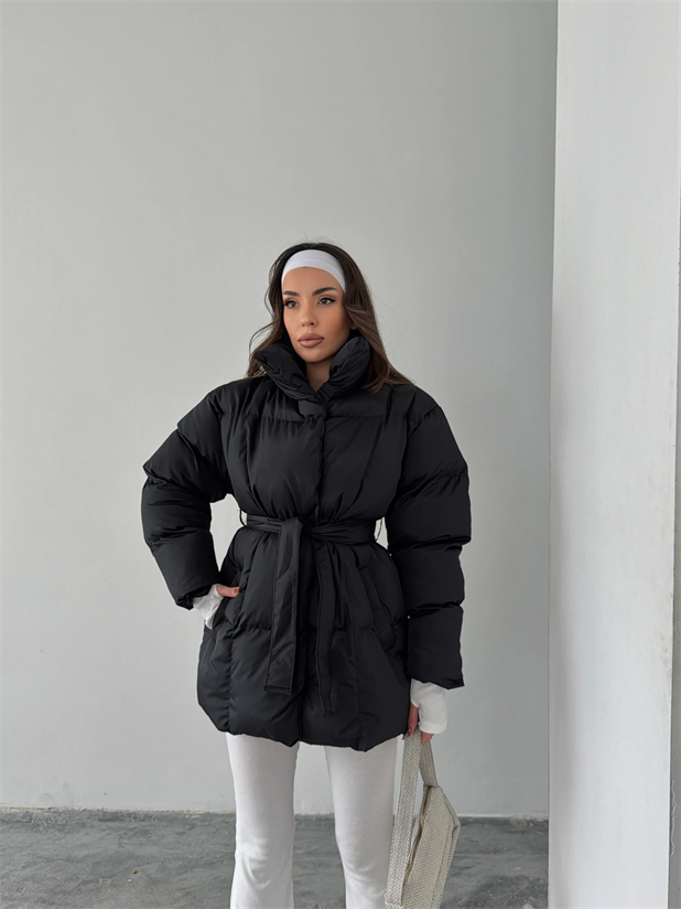 Kuşaklı Şişme Mont  - Siyah