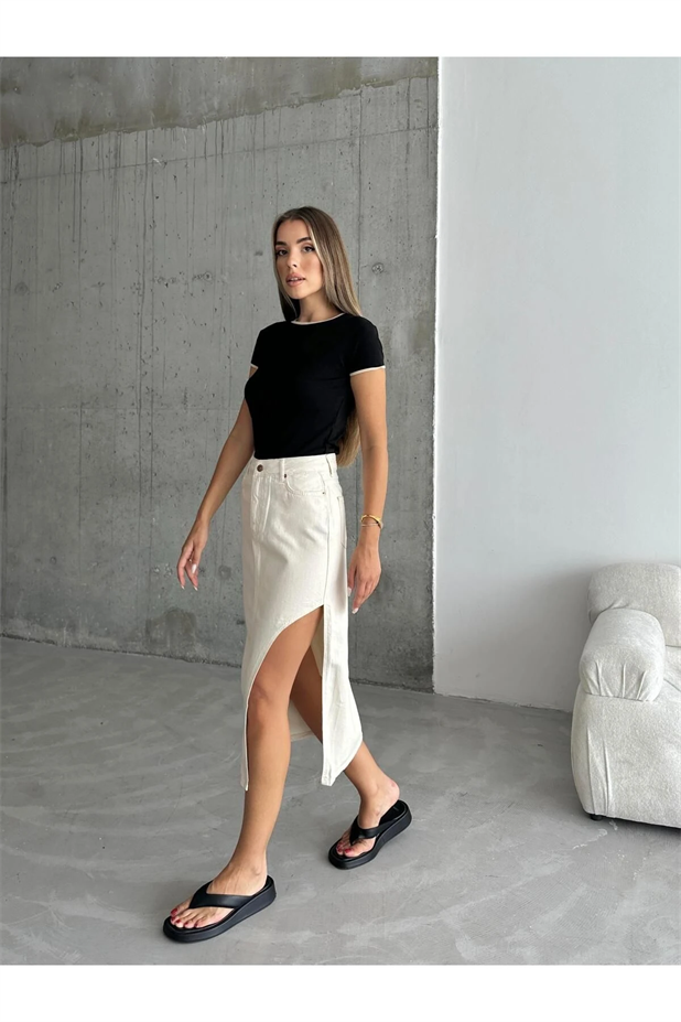 Asimetrik Kesim Trend Kot Etek Bej - Bej