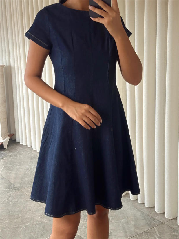 Kloş Likralı Denim Elbise  - Lacivert