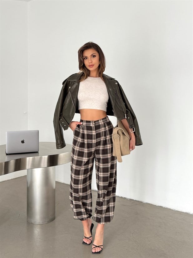 Ekose Jogger Pantolon - Kahve