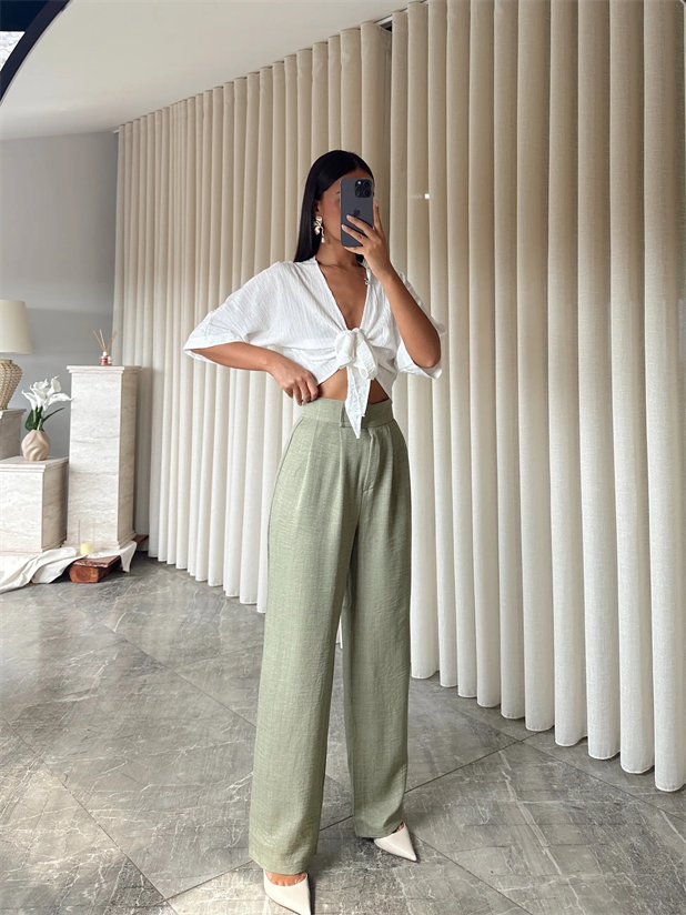Cırtlı Keten Palazzo  - Haki Yeşil