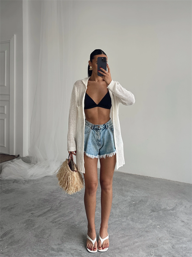 Beyli Ajur Polo Yaka Hırka Ekru - Ekru