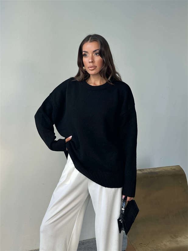 Yıkamalı Şardonlu Triko Kazak - Siyah