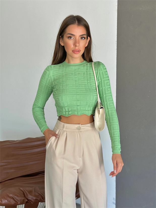 Labirent Desen Crop Triko Kazak Mint - Mint