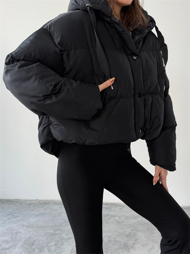 Oversize Kapüşonlu Şişme Mont - Siyah