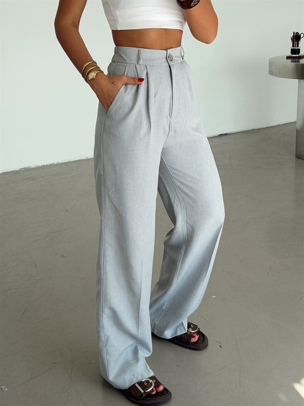 Arka Beli Lastikli Keten Pantolon - Gri