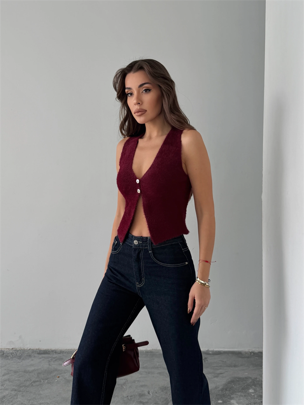 İki Düğmeli Yumoş Yelek - Bordo