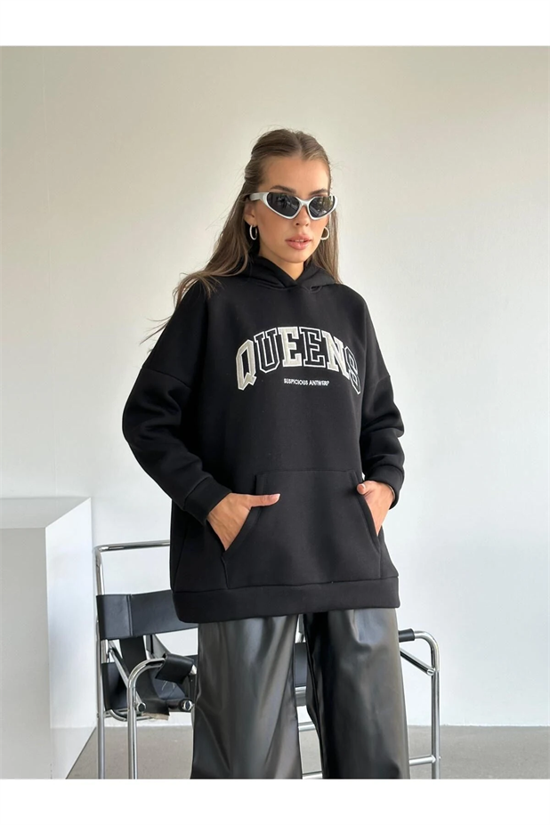Queens Üç İplik Kapüşonlu Oversize Sweat Siyah - Siyah