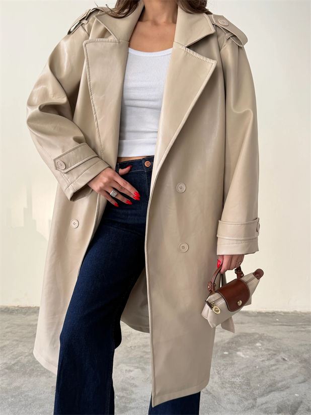 Apolet Detaylı Deri Trençkot - Taş