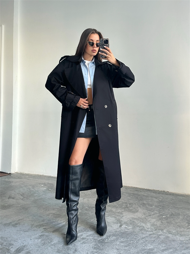 Kemerli Trençkot Siyah - Siyah