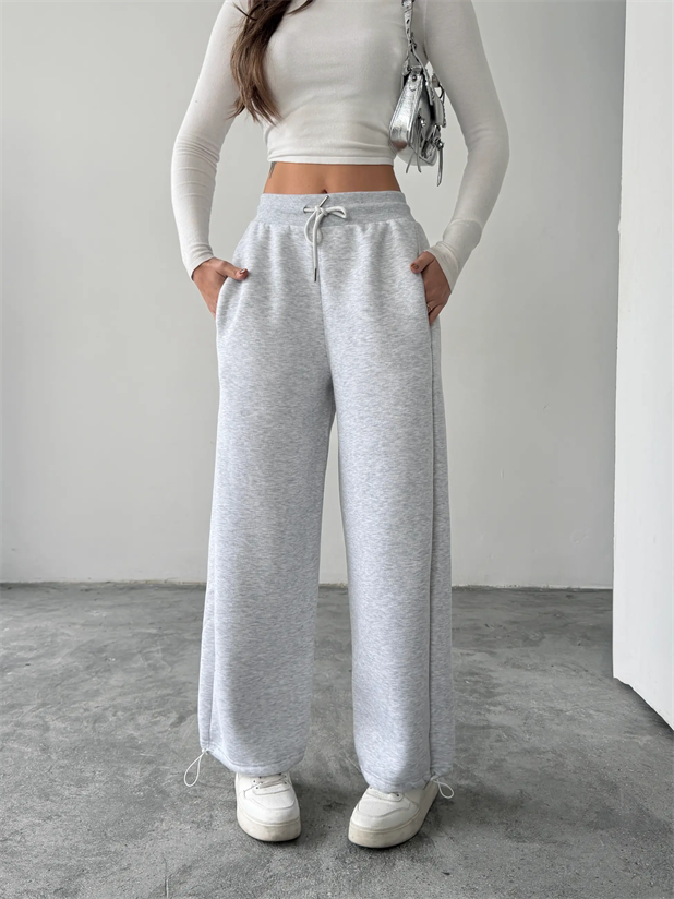 Paça Büzgülü Şardonlu Eşofman - Gri