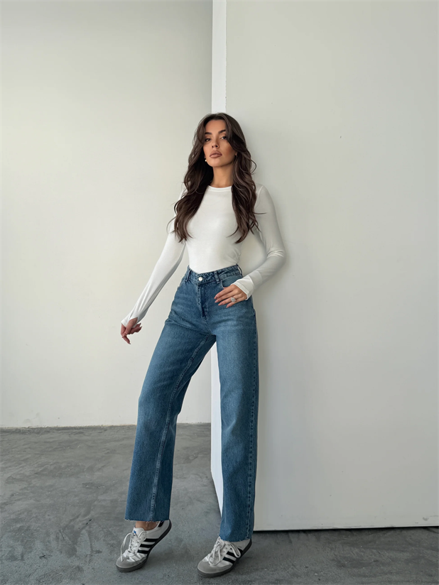 Kesik Paça Jean  - Mavi