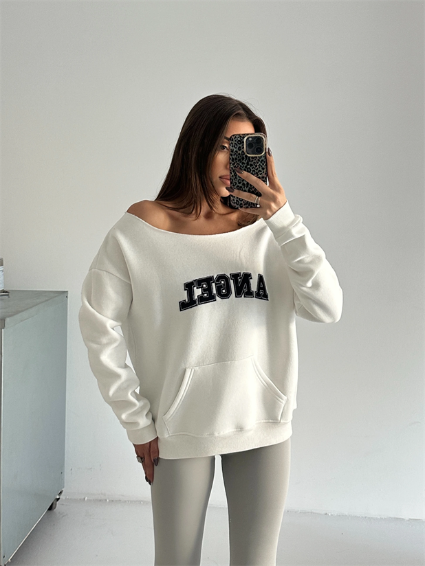 Angel Nakışlı Kayık Yaka Sweat - Beyaz