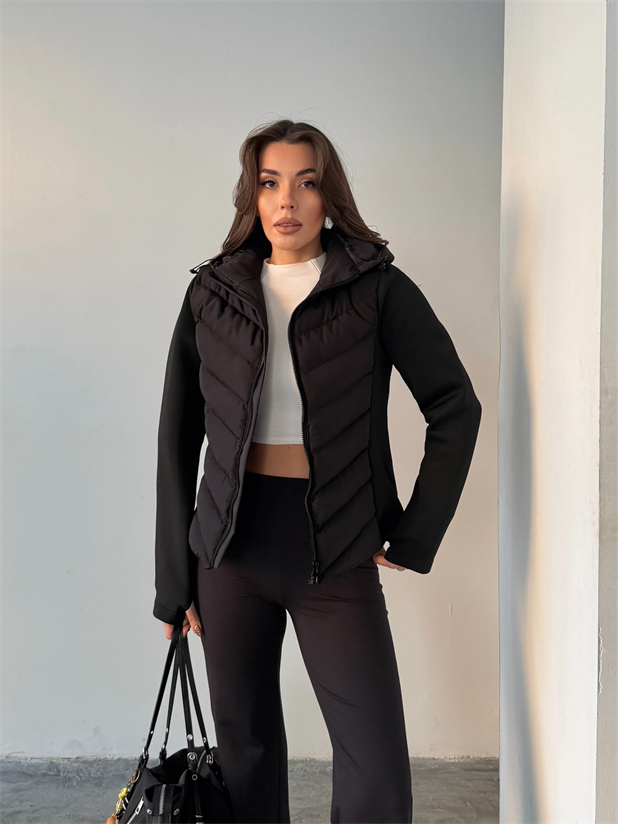 Dalgıç Detay Kapüşonlu Şişme Mont - Siyah