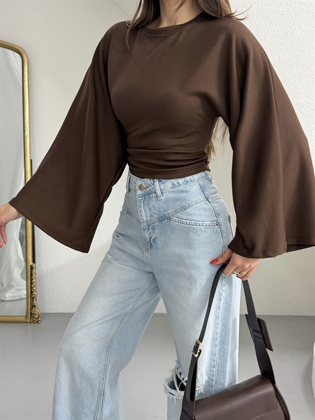 Yarasa Kol Beli Büzgülü Bluz - Kahve