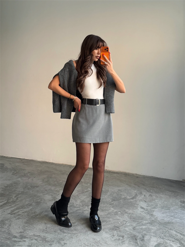 İçi Şortlu Kemerli Etek - Gri