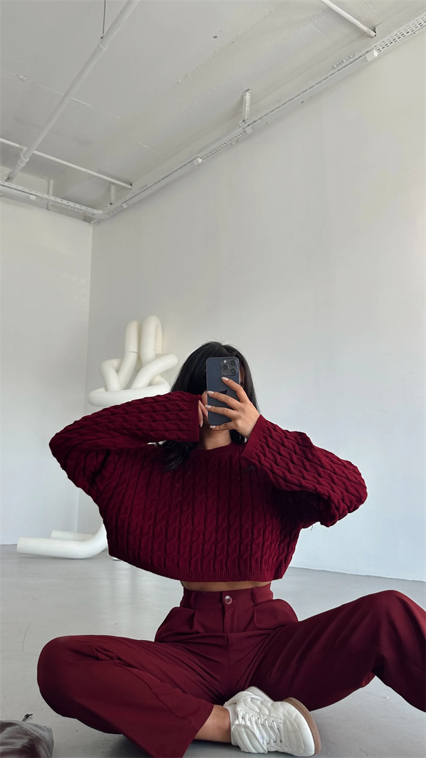 Saç Örgü Triko Crop Kazak Bordo - Bordo