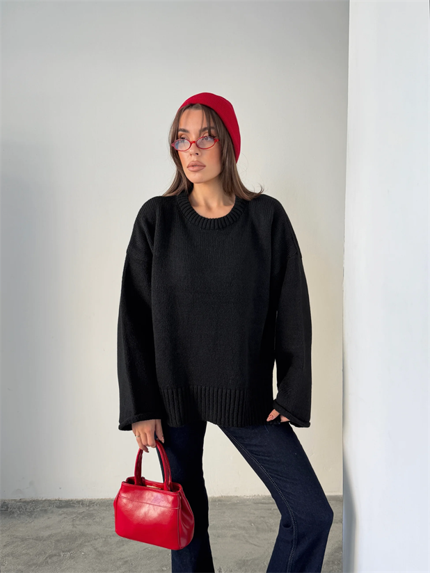 Yırtmaçlı Basic Triko  - Siyah