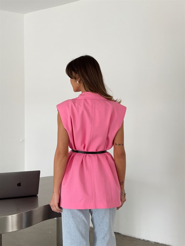 Deri Kemerli Yelek - Pembe