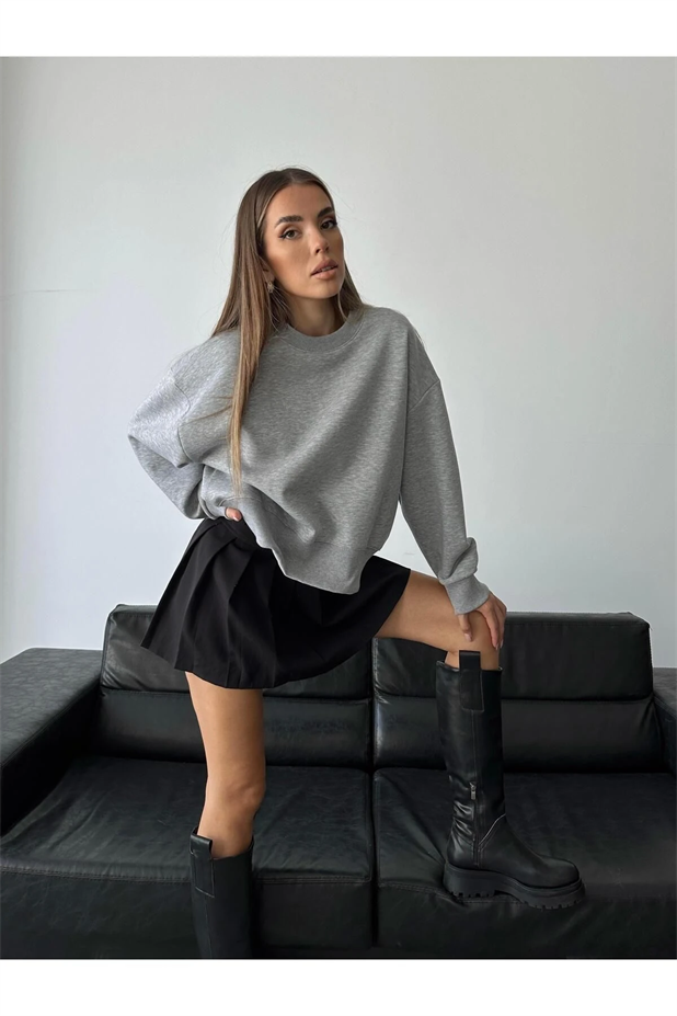 Sage Bisiklet Yaka Sweatshirt Gri - Gri