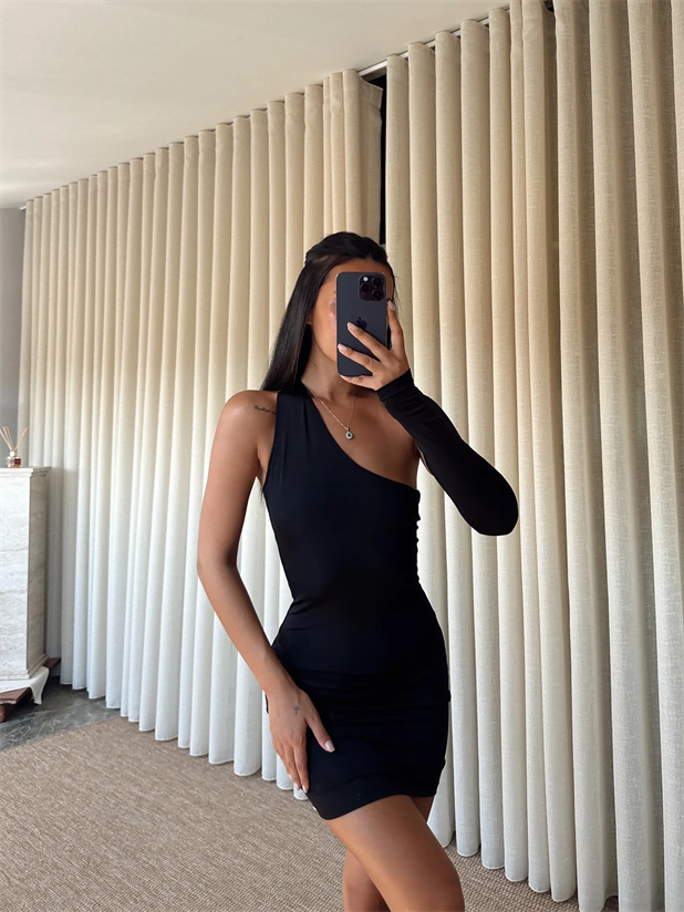 Pera Tek Kol Elbise Siyah - Siyah