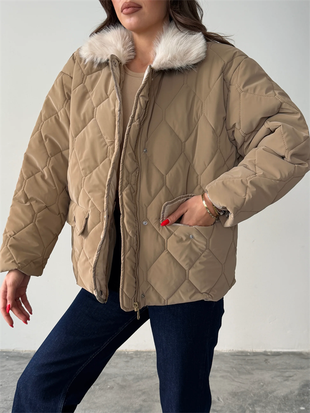 Kapitone Kürk Detay Mont  - Bej