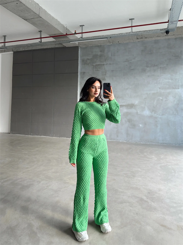 Damla Ajur Triko Pantolon Yeşil - Yeşil