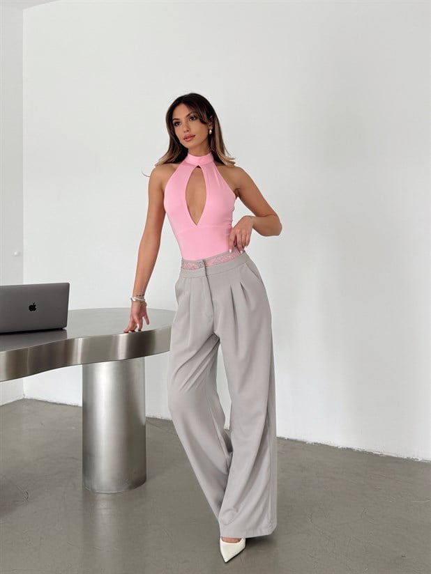 Kemeri Dantel Detaylı Palazzo Pantolon  - Gri