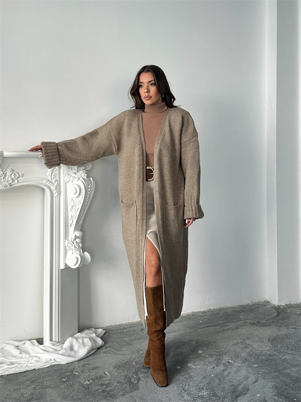 Oversize Uzun Hırka - Vizon