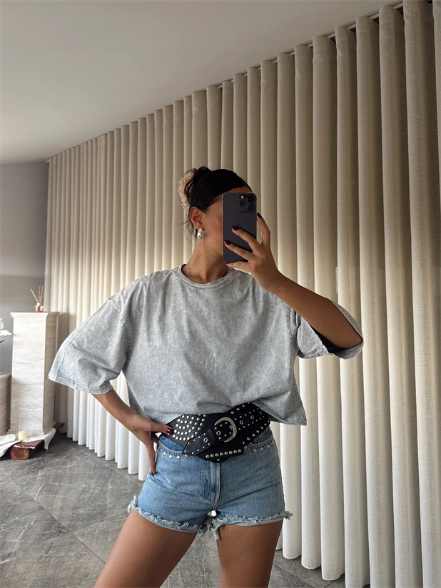 Yıkamalı Düz Crop Basic - Gri