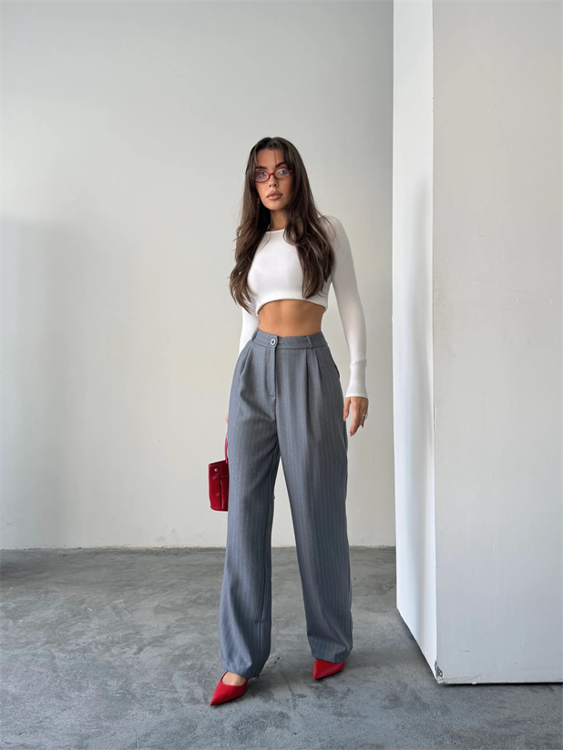 Yünefekt Çizgili Palazzo - Gri