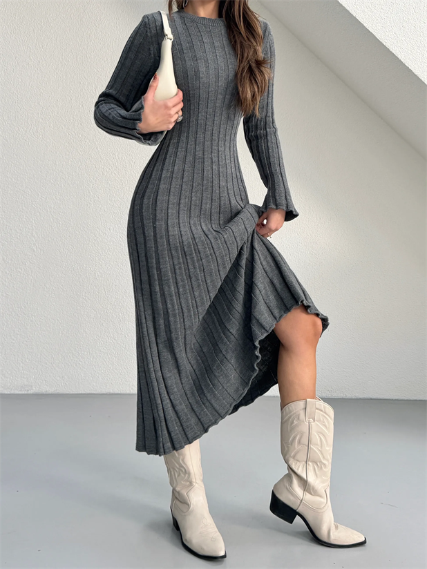 Bağlamalı Fitilli Triko Elbise - Antrasit