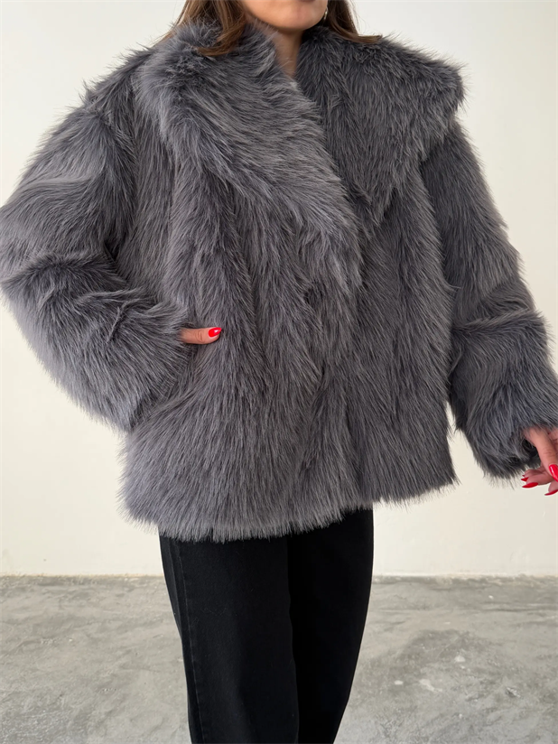 Çıtçıtlı Suni Kürk Ceket - Antrasit