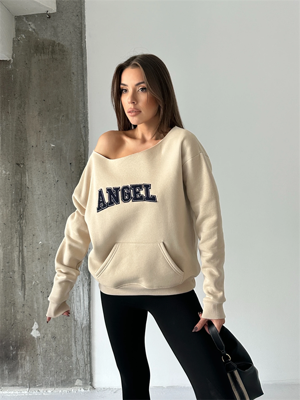 Angel Nakışlı Kayık Yaka Sweat - Vizon